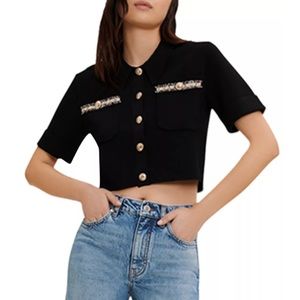 NWT Maje Mongalon cropped tweed-trimmed cotton-blend cardigan (size 1)